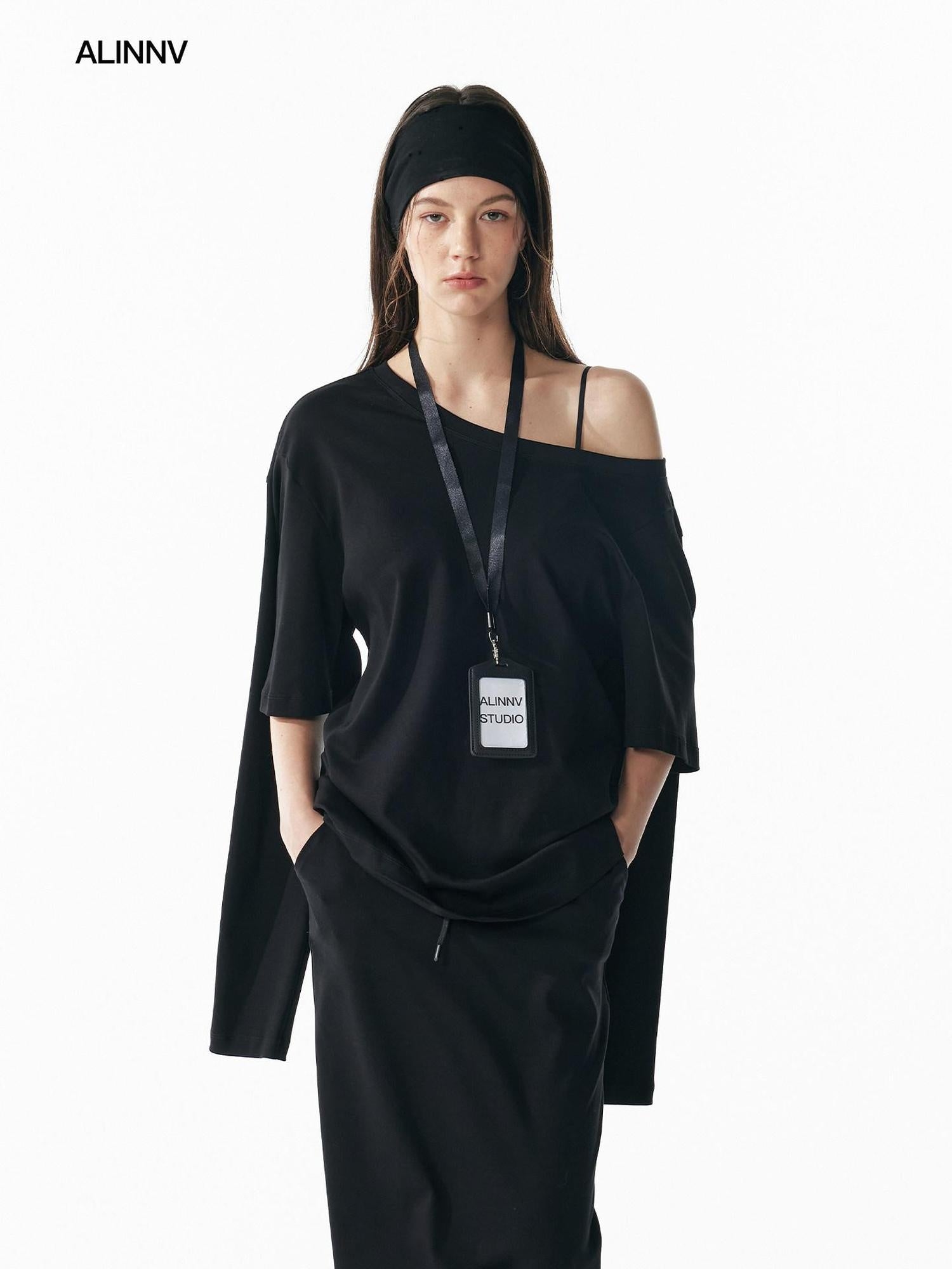 ALINNVSTUDIO Vintage Asymmetric Off Shoulder Loose Cotton Women Black Top & Skirt Sets
