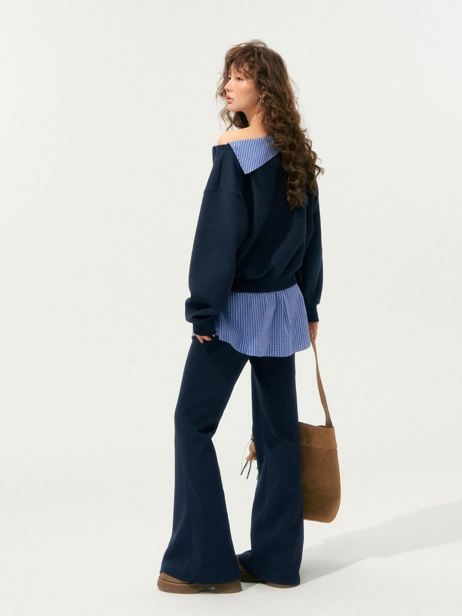 SOMESOWE Patchwork Cropped Oversized Collared Sweatshirt Heather Grey Top & Pants Sets