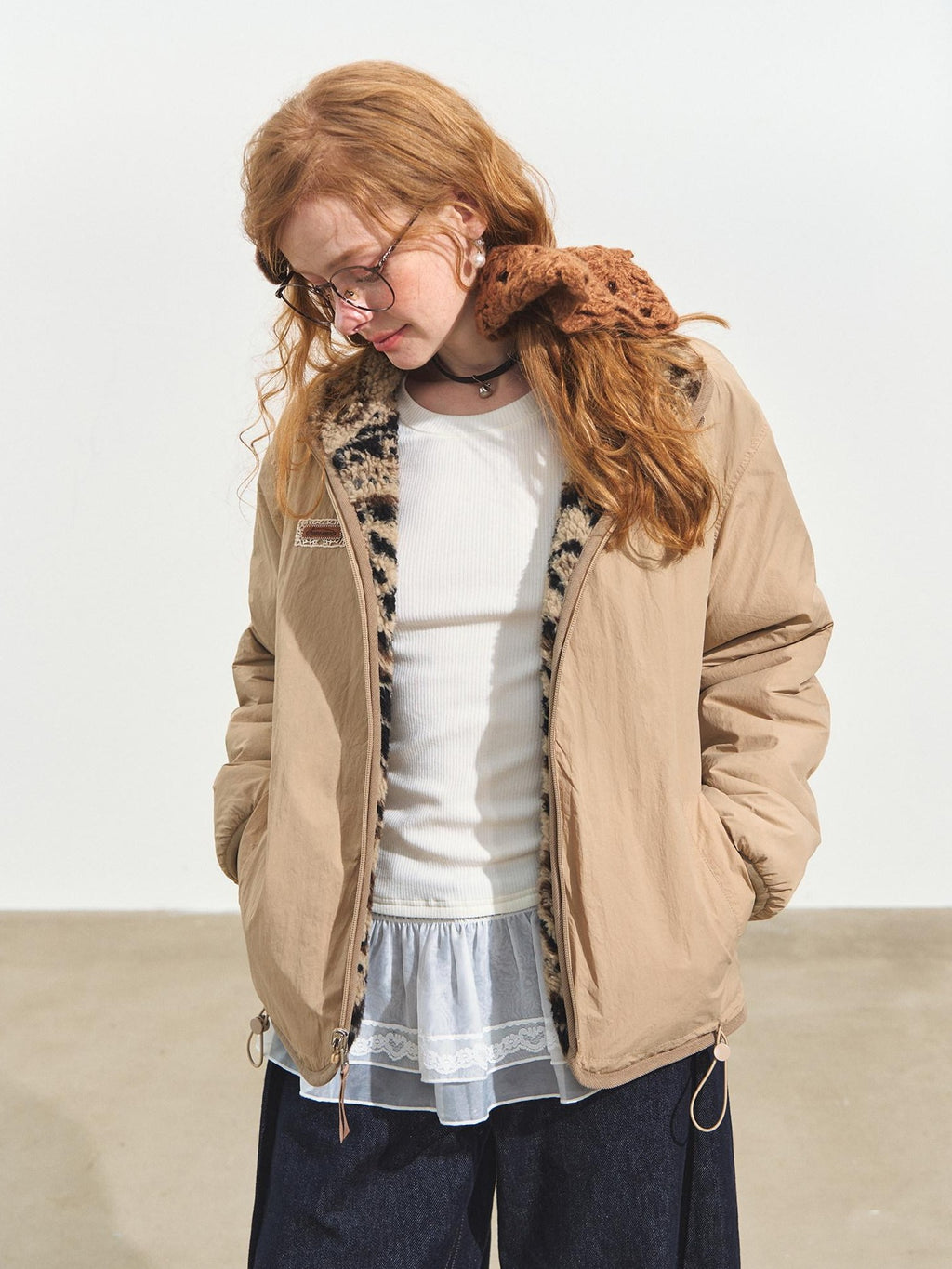 SOMESOWE Geometric Zip Front Stand Collar Loose Fit Casual Women Polyester Jackets