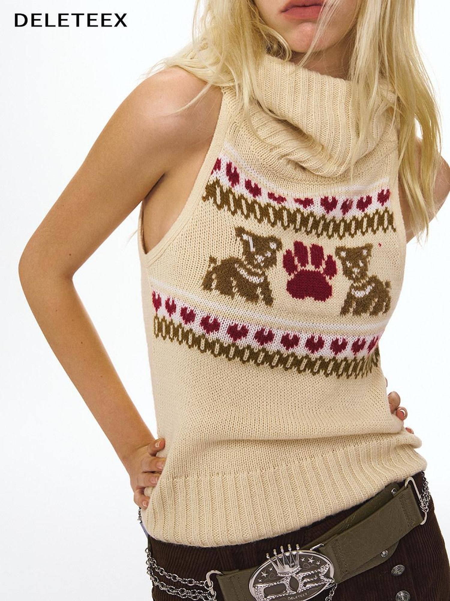 DeleteEx Cozy Almond Acrylic Wool Slim Fit Colorblock Cowlneck Sleeeless Knit Sweaters