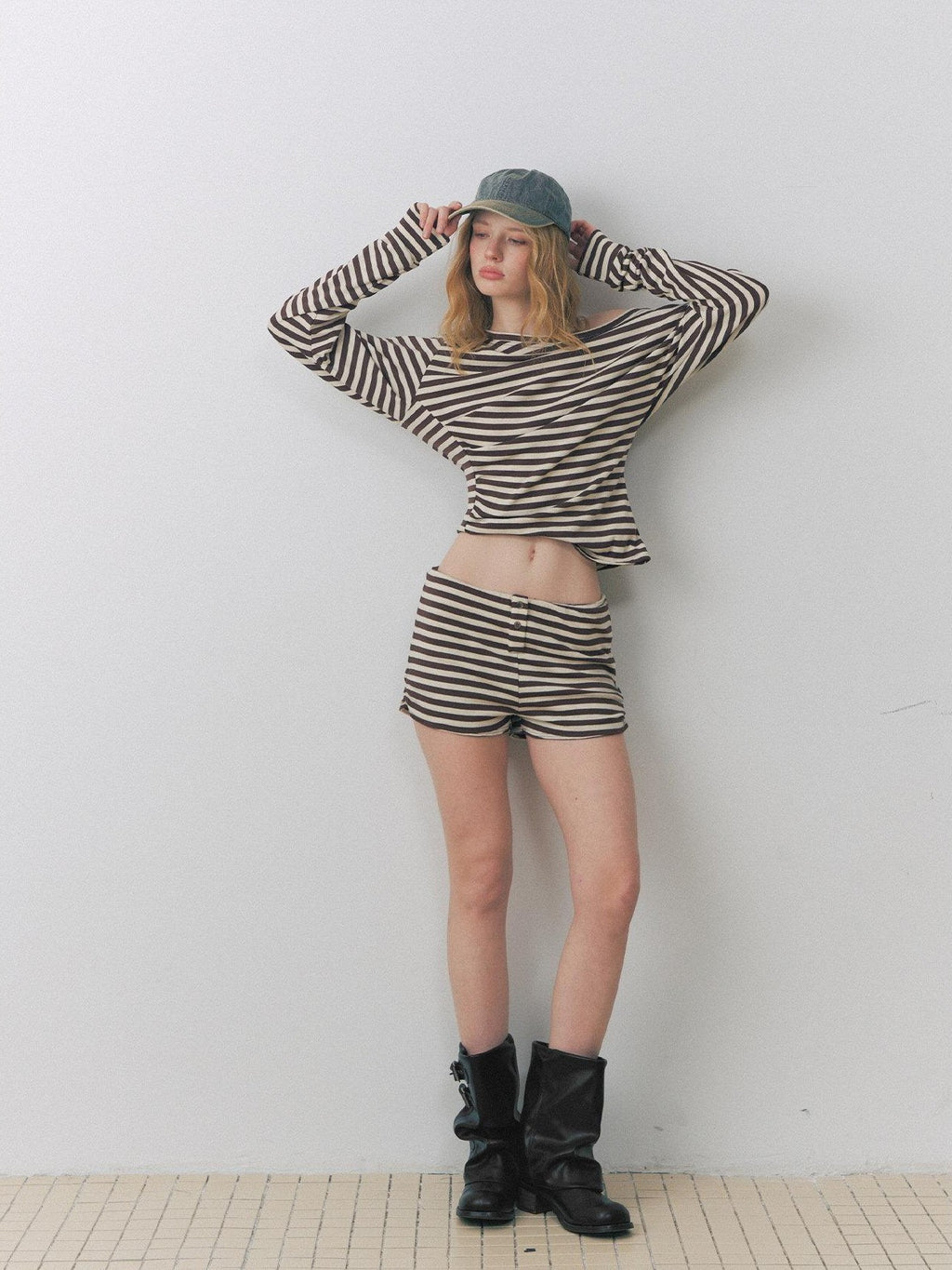 DeleteEx Ruched Asymmetric Off Shoulder Loose Casual Striped Womens Long Sleeve Crop Tops