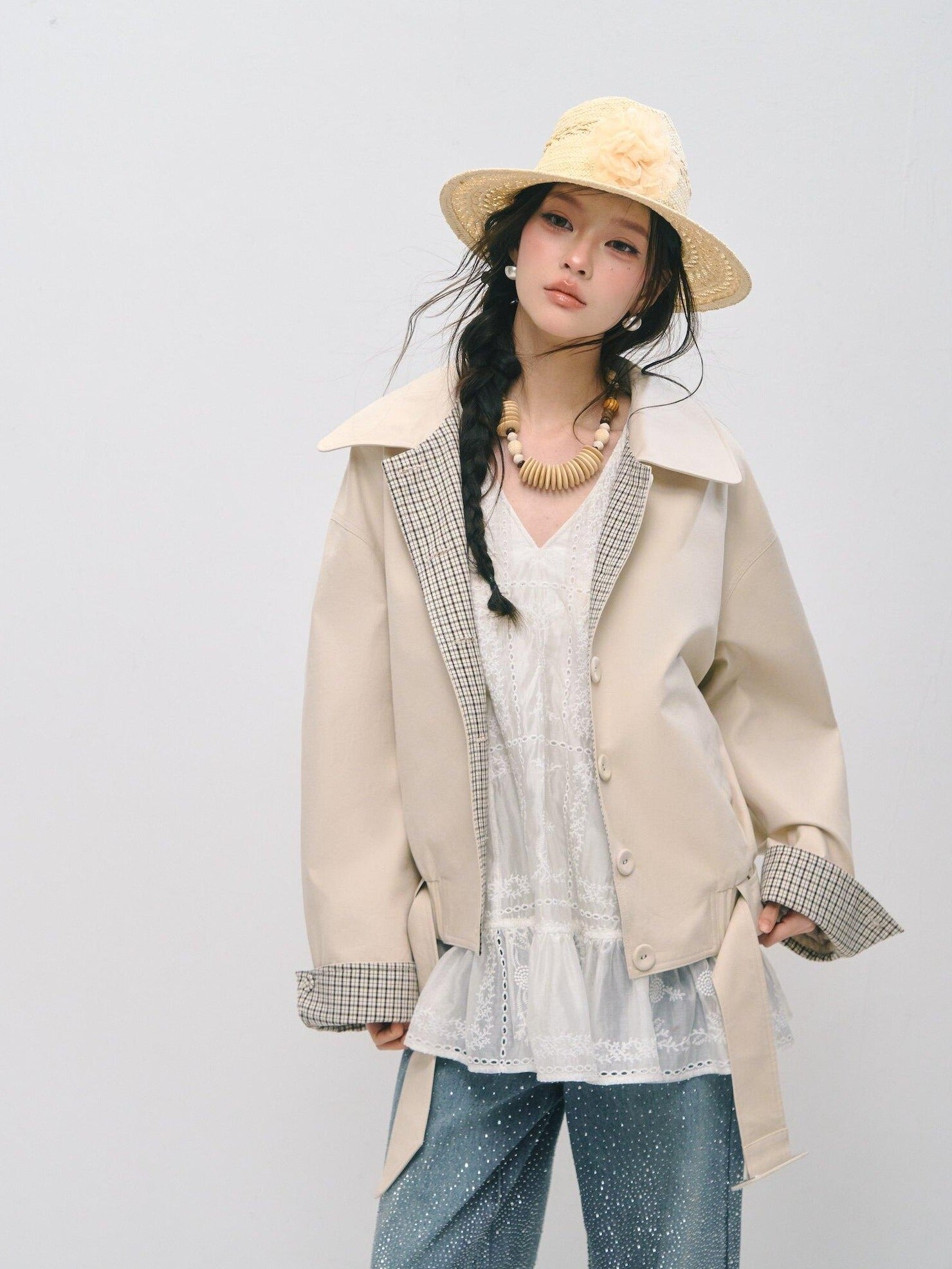 SOMESOWE Cotton Lyocell Blend Casual Relaxed Fit Women Button Ivory Trench Coats