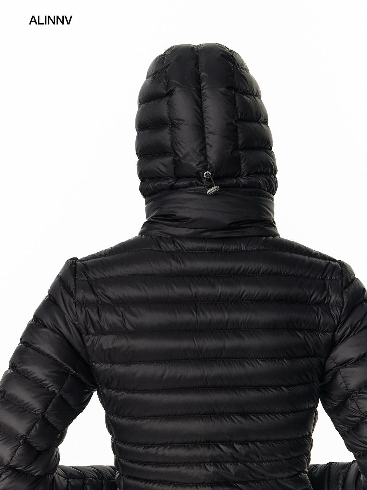 ALINNVSTUDIO 90 Fill Duck Down Thin Fitted Commuter Hooded Women Black Down Jackets