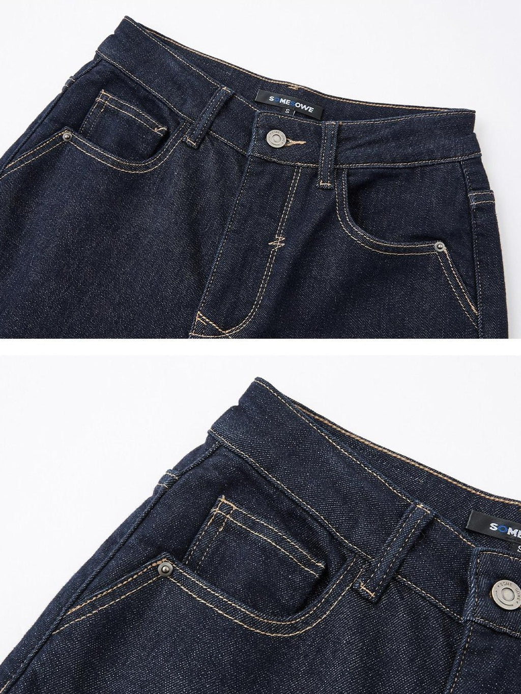 SOMESOWE High Rise Stretch Pleated Pocket Women Dark Cotton Denim Straight Leg Jeans