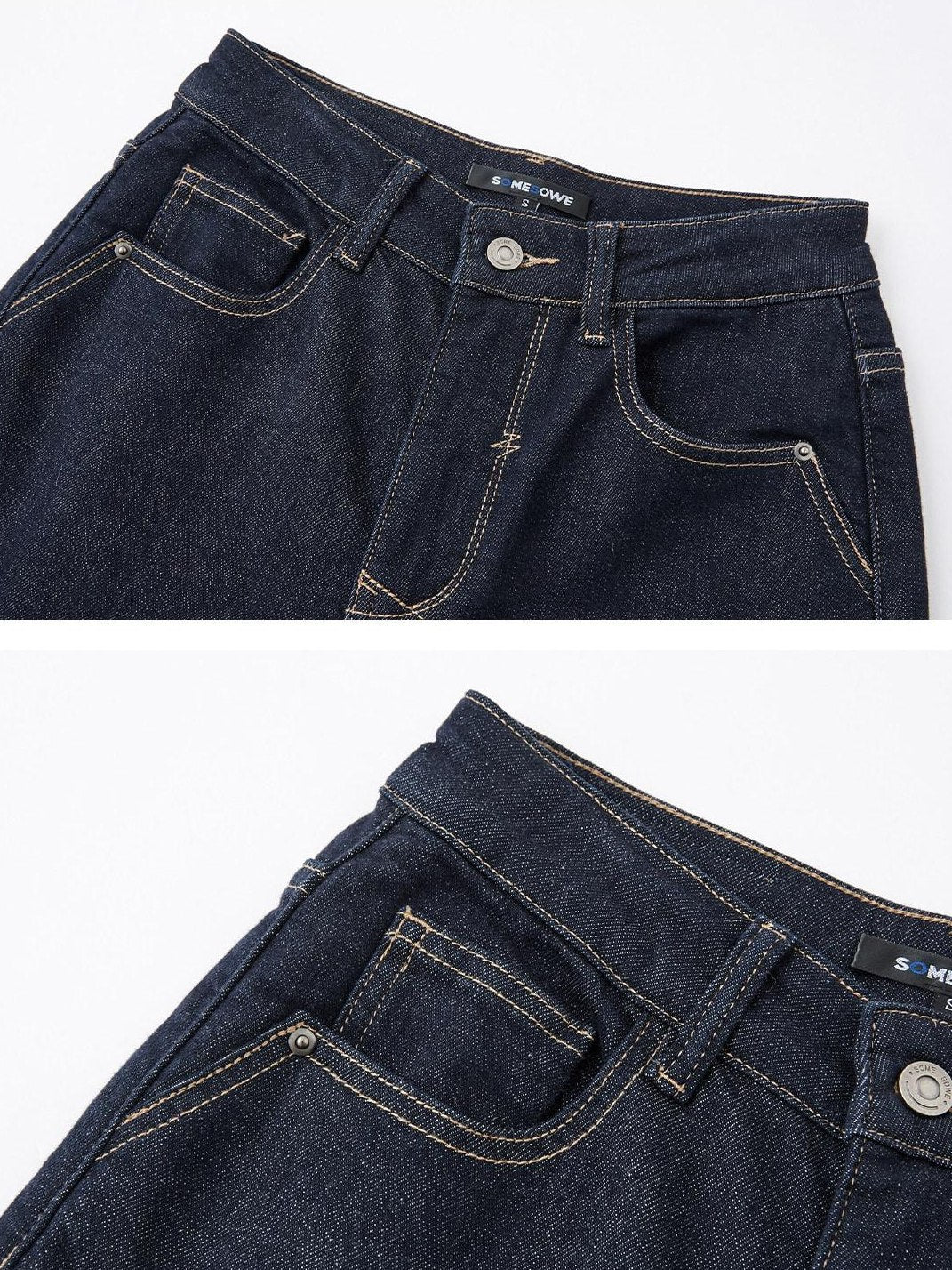 SOMESOWE High Rise Stretch Pleated Pocket Women Dark Cotton Denim Straight Leg Jeans