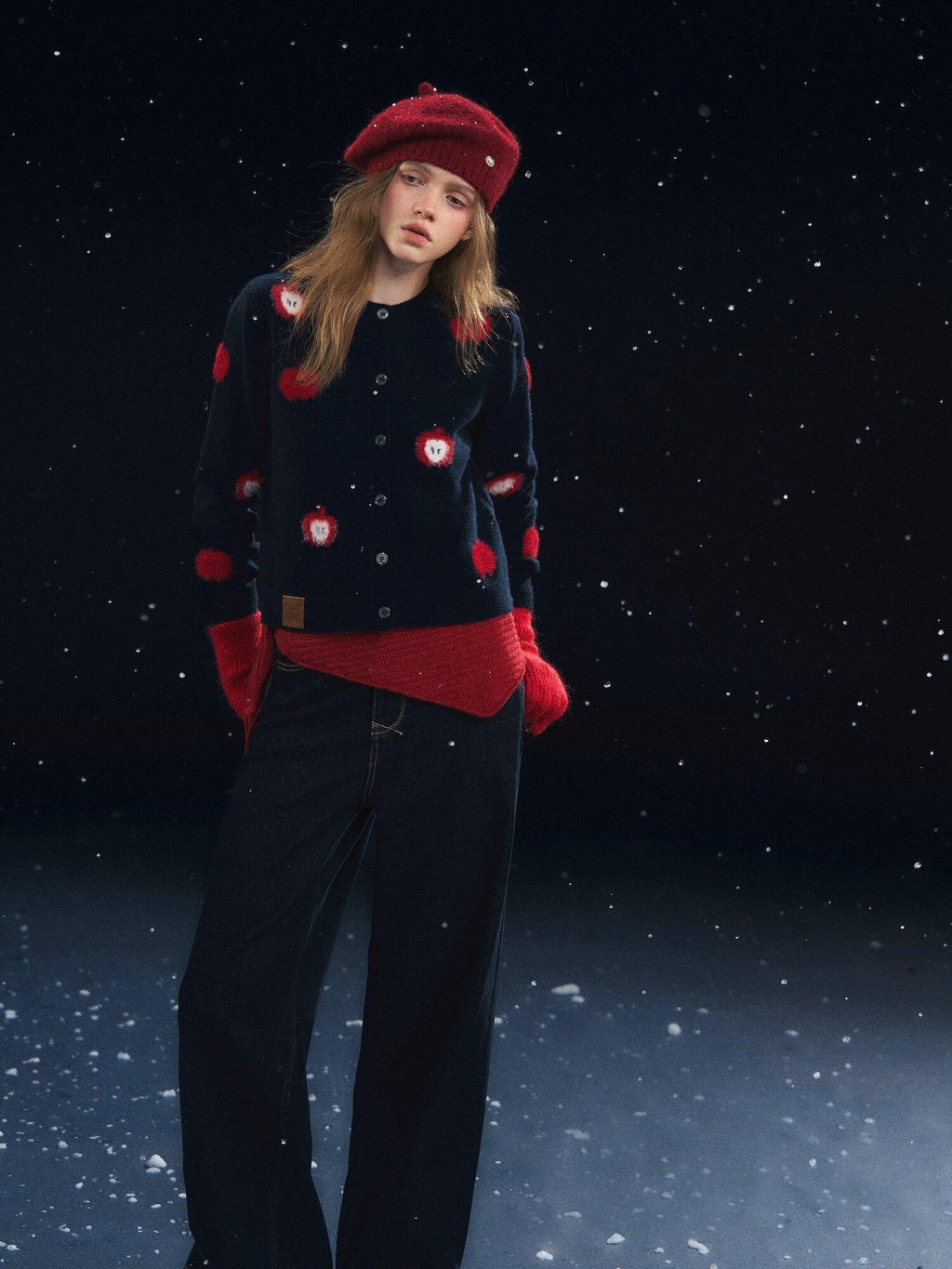SOMESOWE Embroidered Fruit Casual Lapel Regular Fit Navy Long Sleeve Button Knit Cardigans
