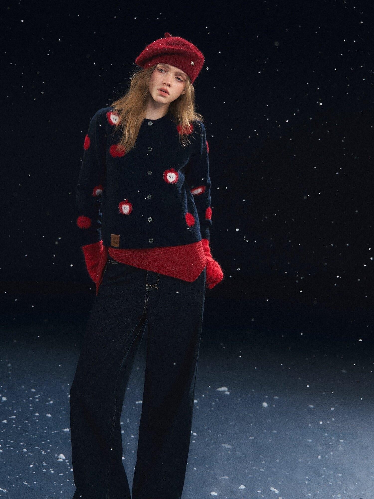 SOMESOWE Embroidered Fruit Casual Lapel Regular Fit Navy Long Sleeve Button Knit Cardigans