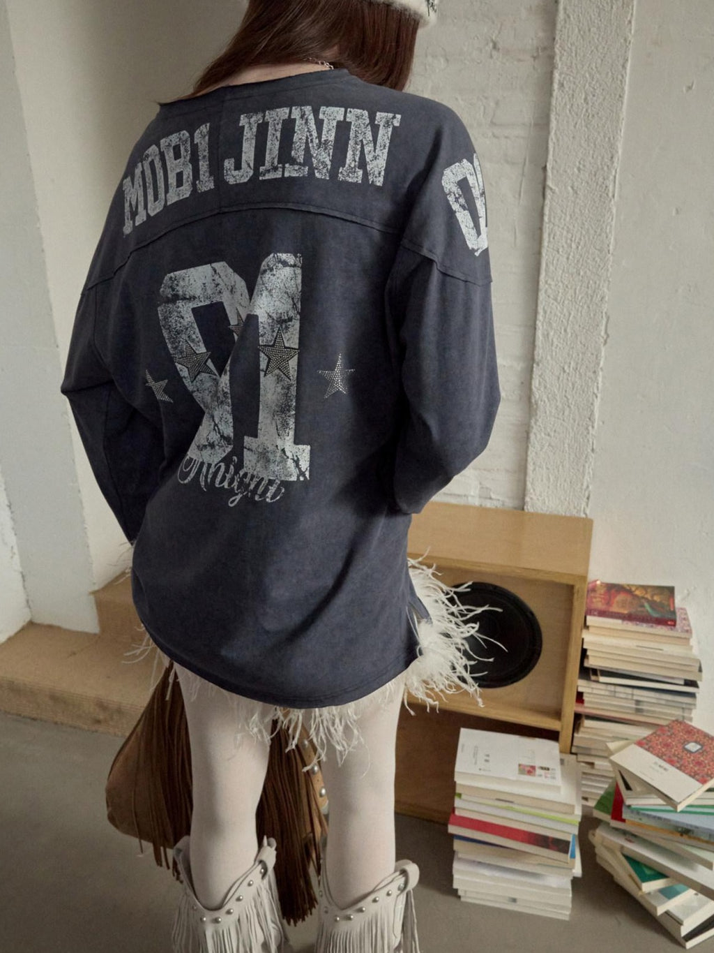1JINN STUDIO Cotton Blend Printed American Relaxed Long Sleeve Mud Dyed Oversized T-Shirts