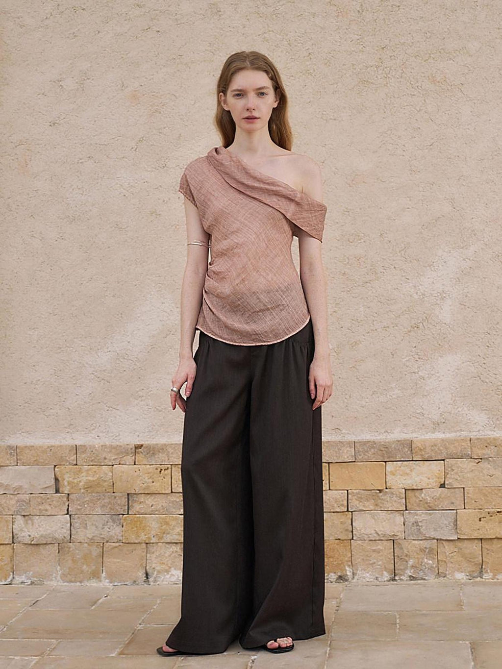 someonesometimes Antibacterial Uv Pure Ramie Pleated Slim One Shoulder Women Brick Pink Tank Tops