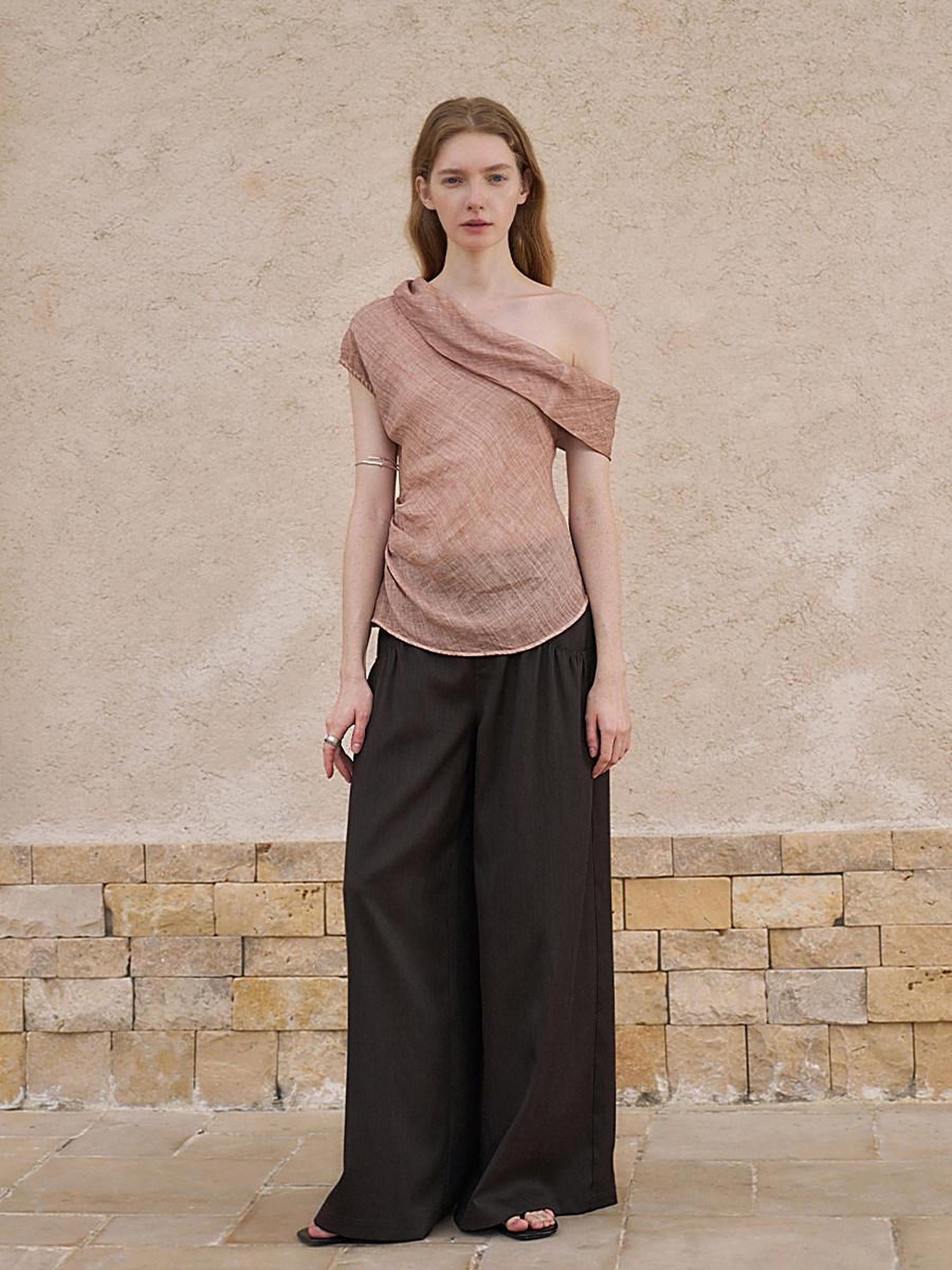 someonesometimes Antibacterial Uv Pure Ramie Pleated Slim One Shoulder Women Brick Pink Tank Tops