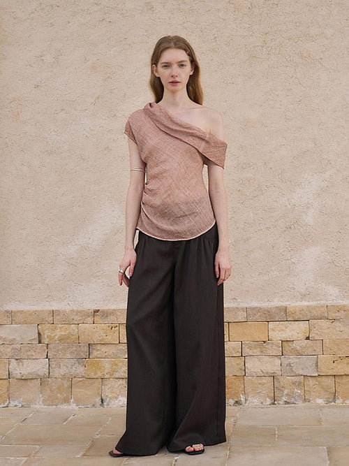 someonesometimes Antibacterial Uv Pure Ramie Pleated Slim One Shoulder Women Brick Pink Tank Tops