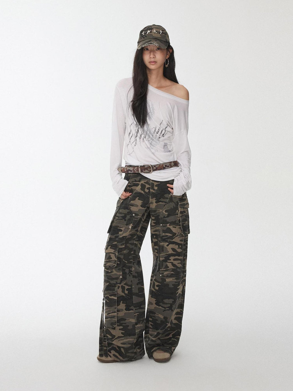 1JINN STUDIO Soft Cotton Camo Low Rise Casual Zipper Front Ladies Wide Leg Pants