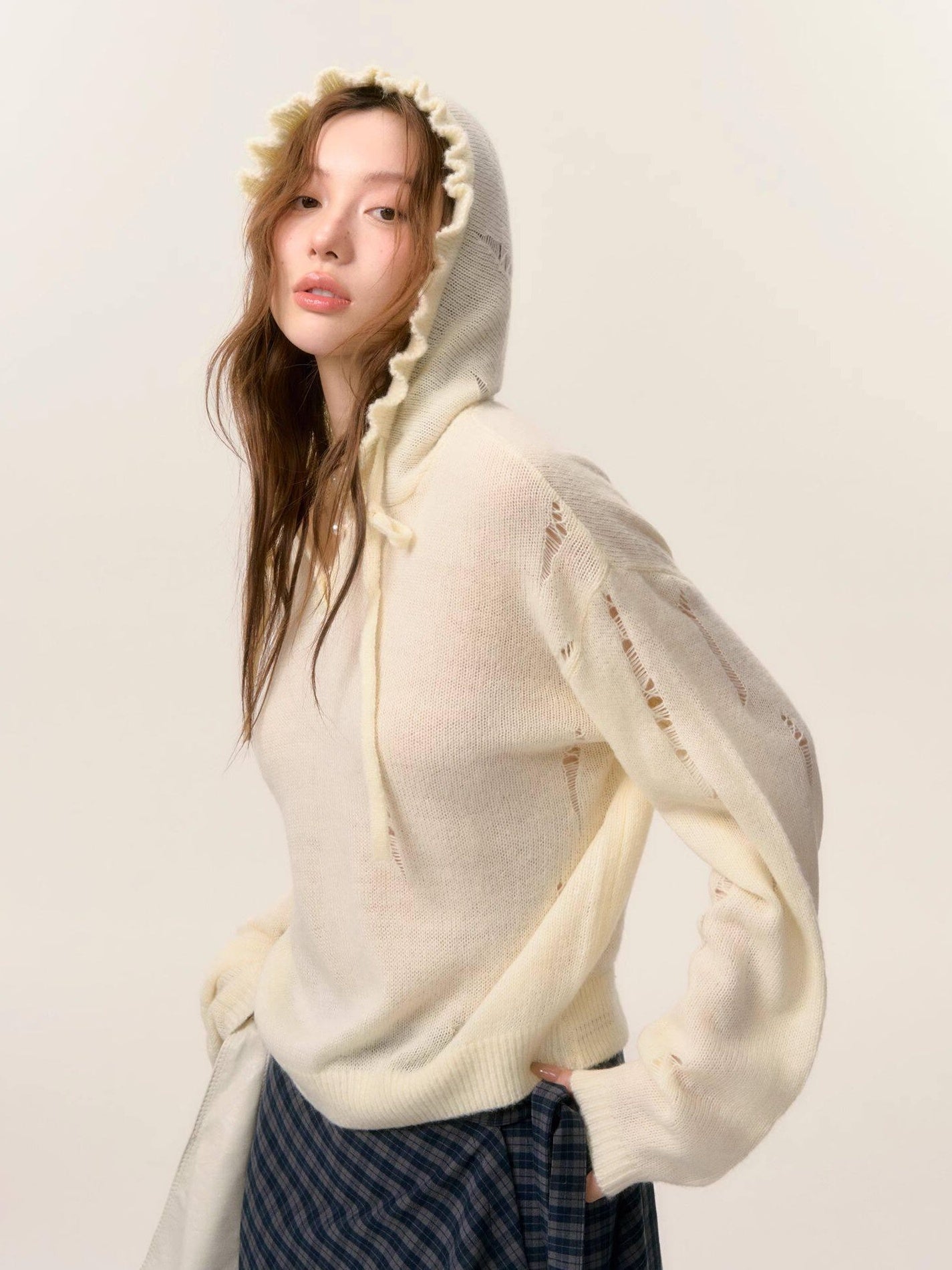 SOMESOWE Oversized Crochet Tie Street Loose Fit Women Grey Long Sleeve T-Shirts