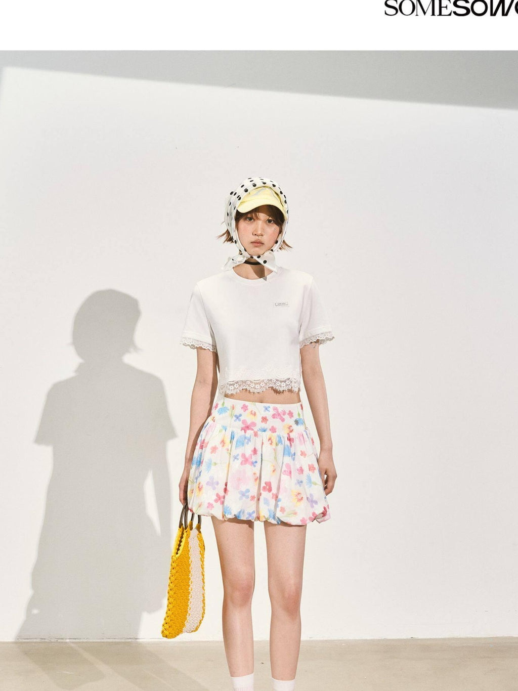 SOMESOWE Pleated A Line Mid Waist Loose Fit Casual Floral Pink Polyester Mini Skirts