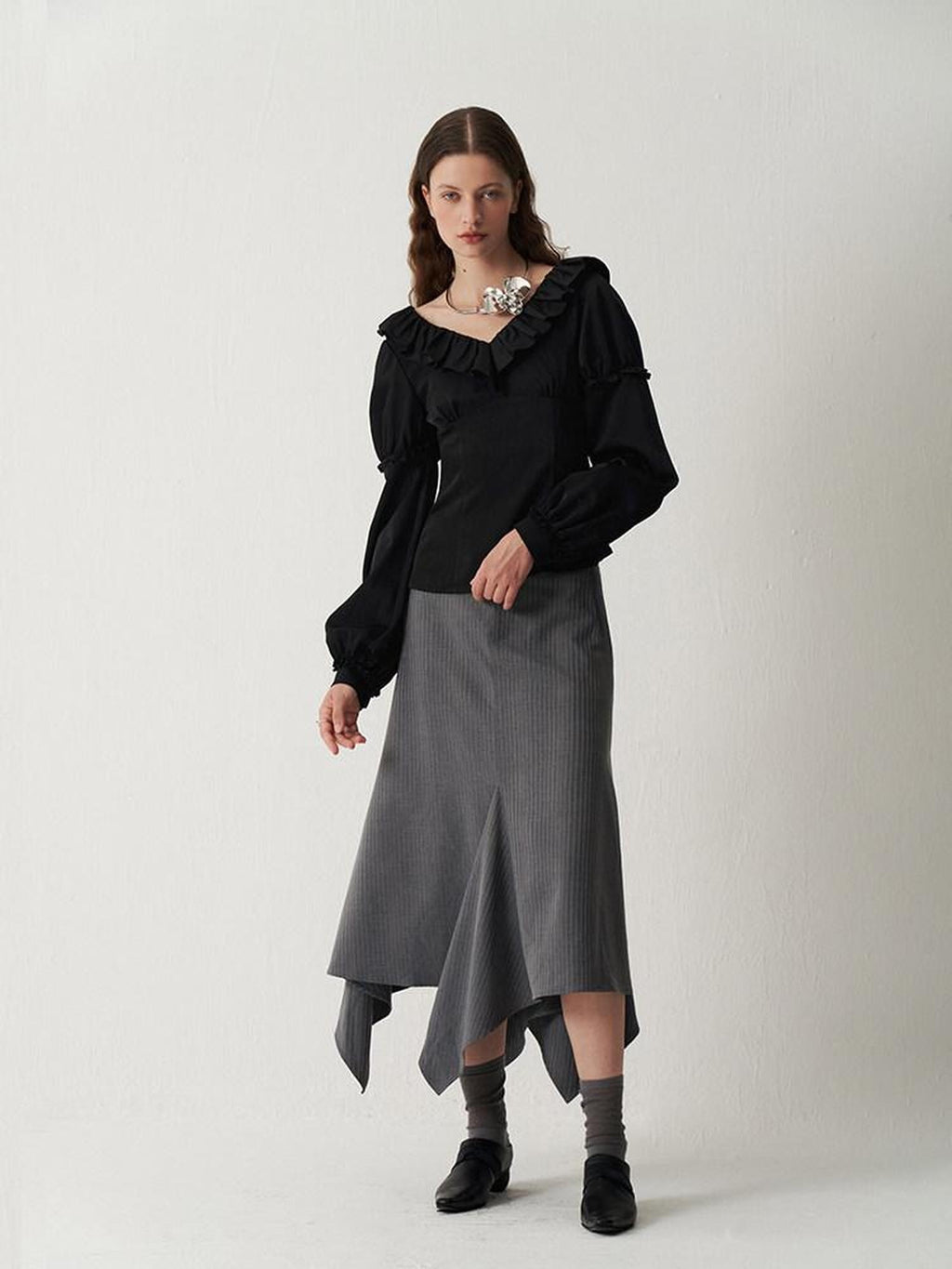 someonesometimes Sleek V-neck Slim Fit Commuter Long Sleeve Black Poly Viscose Women Work Blouses