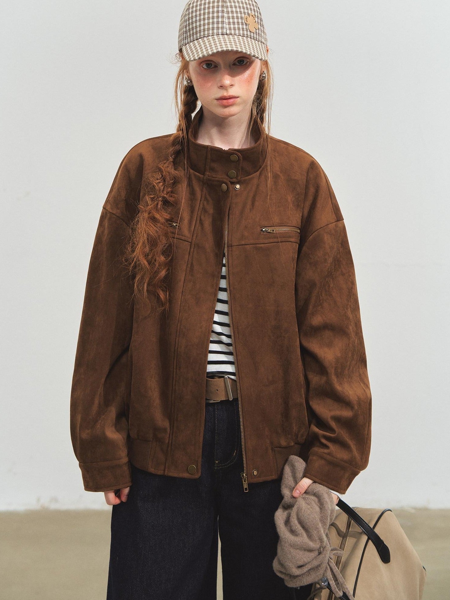 SOMESOWE Pocketed Loose Fit Streetwear Stand Collar Zipper Youth Brown Leather Jackets