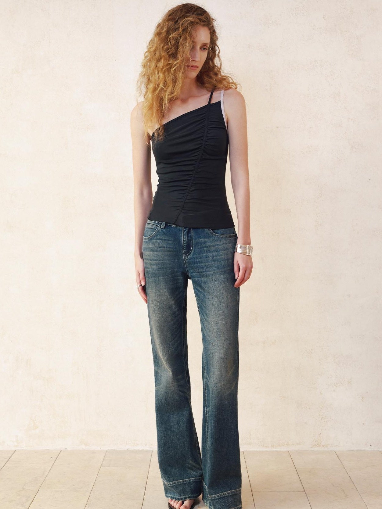 someonesometimes Ruching Slim Fit Asymmetric One Shoulder Modal Serene Blue Camisoles