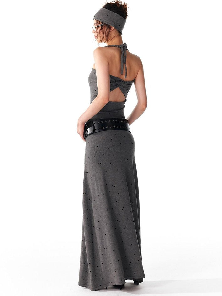 ALINNVSTUDIO Elegant Halter Neck Cinched Waist Modal Sleeveless Solid Black Grey Maxi Dresses