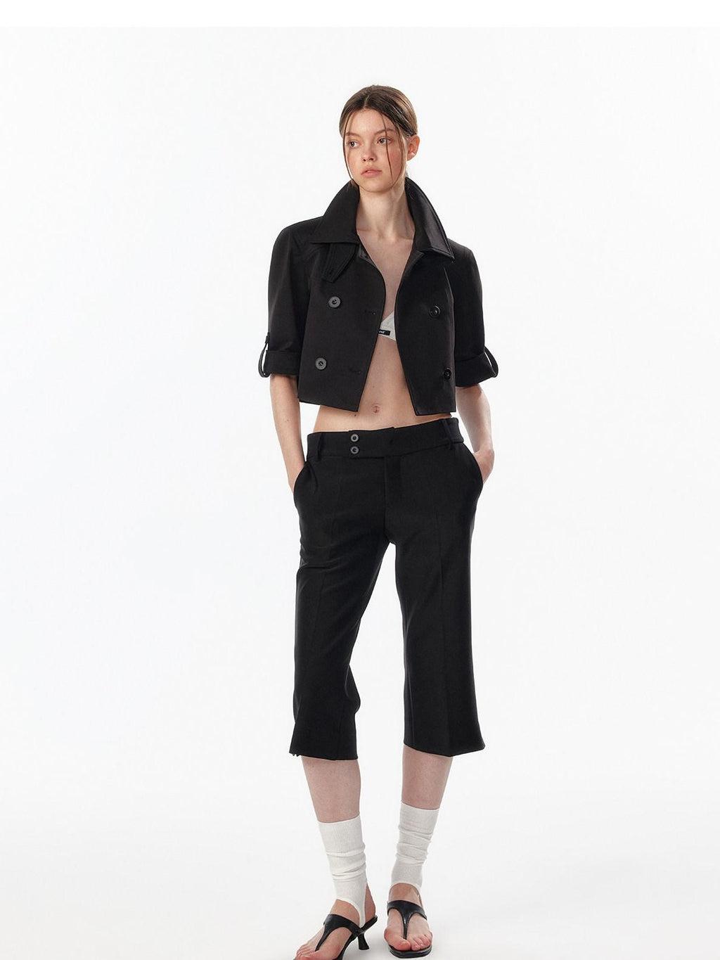 Casual High Waist Double Breasted Cropped Black Cotton Blend Women Trench Coats