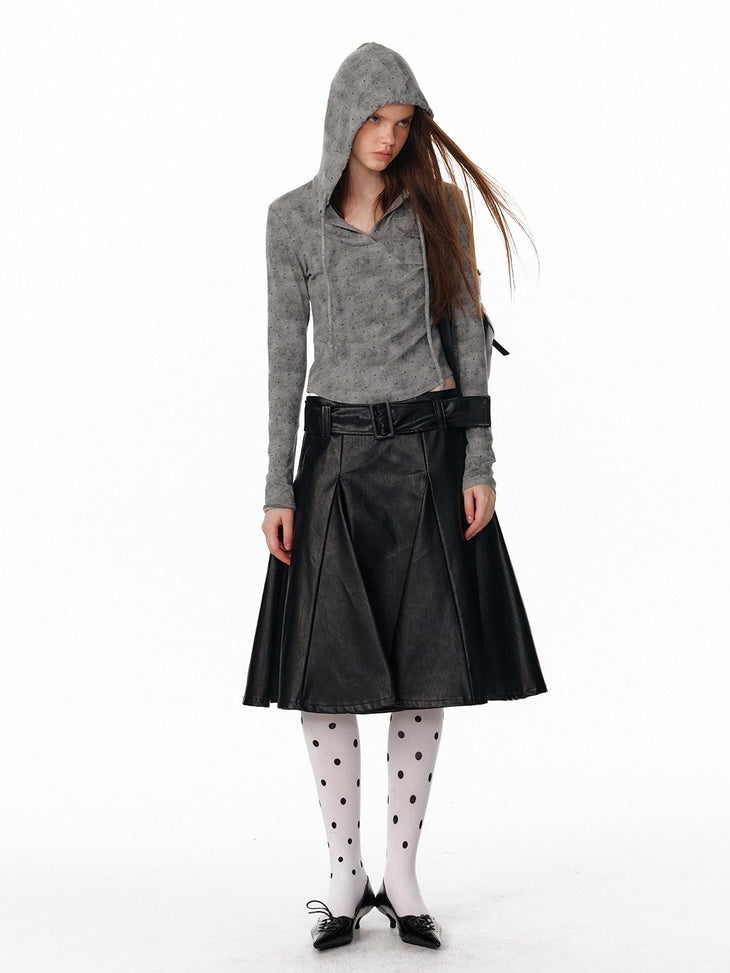 ALINNVSTUDIO Tie Detail Cropped Polka Dot Hooded Pullover Long Sleeve Women Grey Brown Hoodie