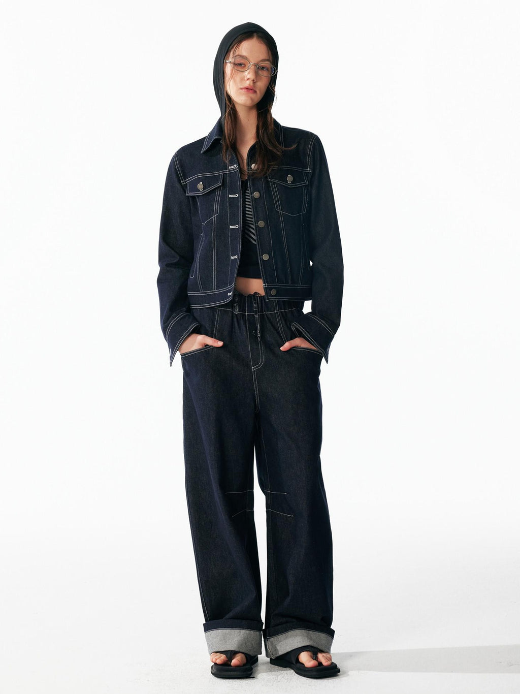 ALINNVSTUDIO Relaxed Fit Cotton Natural Waist Topstitch Deep Indigo Women Wide Leg Jeans