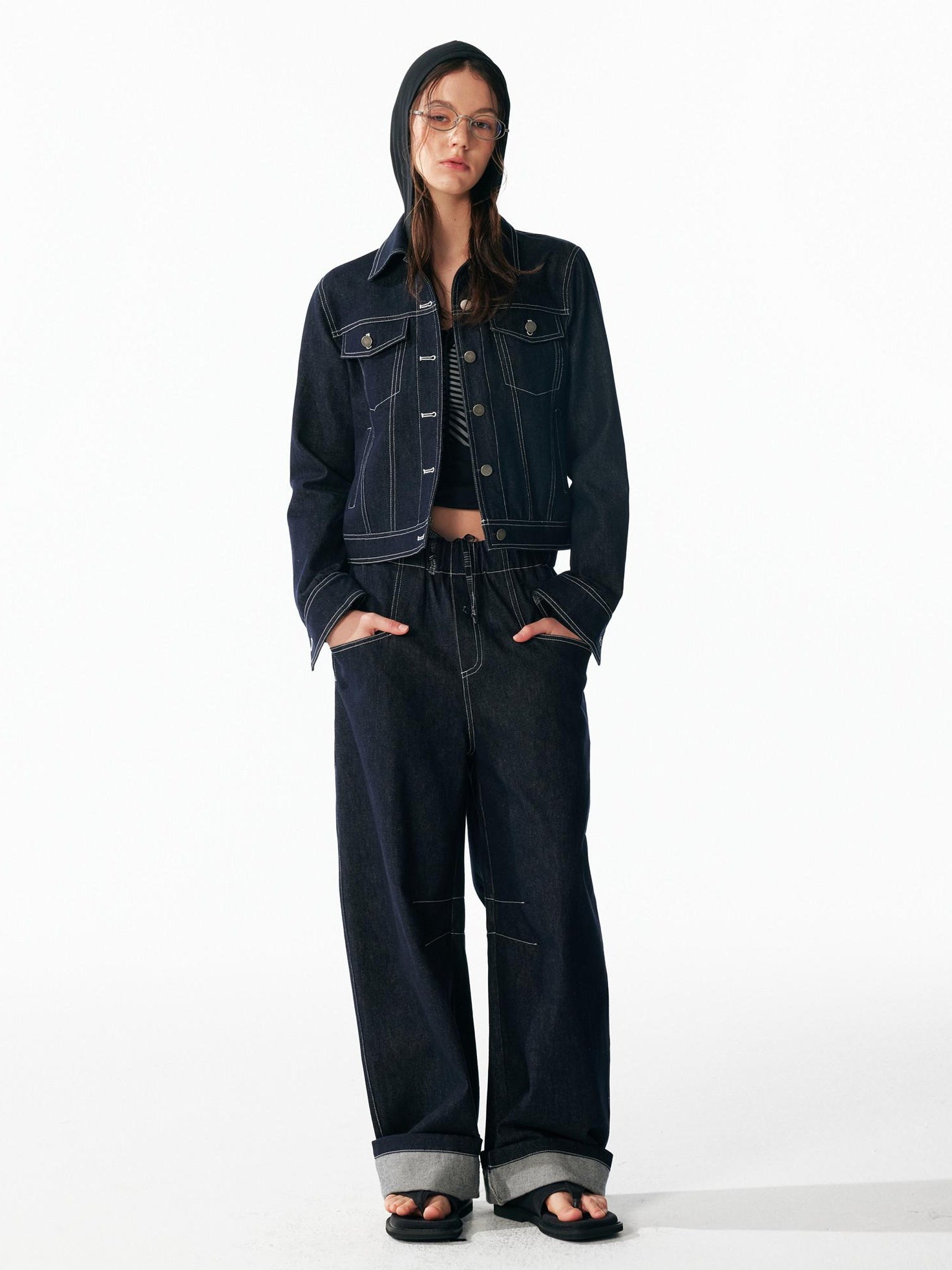 ALINNVSTUDIO Relaxed Fit Cotton Natural Waist Topstitch Deep Indigo Women Wide Leg Jeans