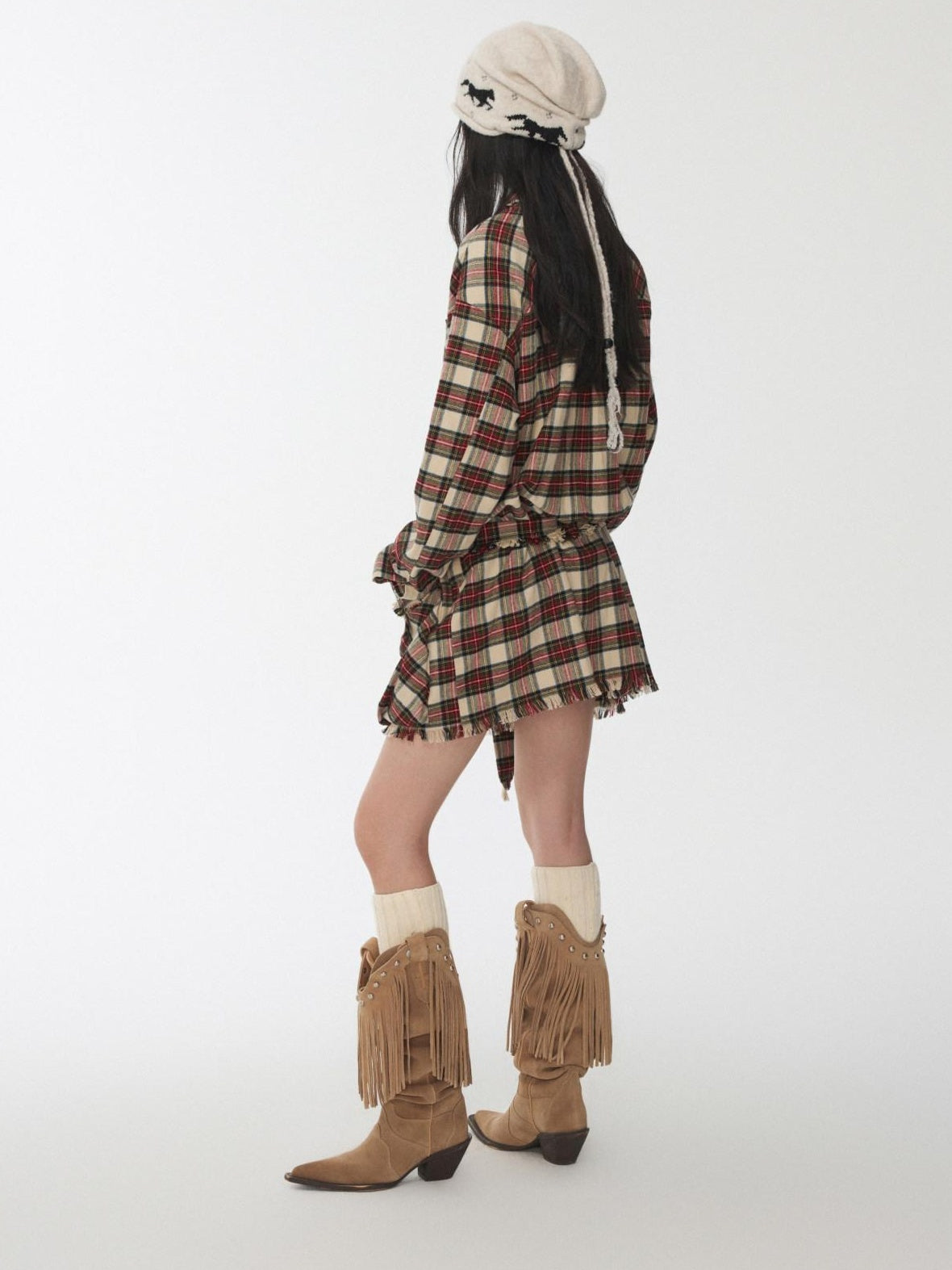 1JINN STUDIO Cotton Plaid Workwear Loose Straight Fit Long Sleeve Casual Women Mini Dresses
