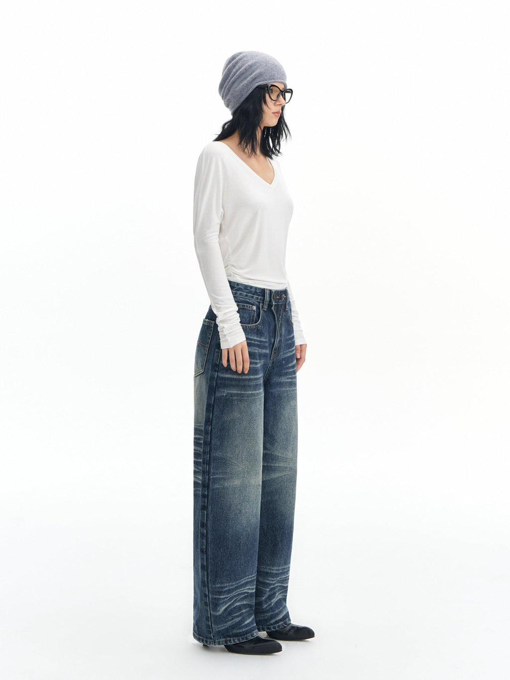 DeleteEx High Waist Mid Stretch Vintage Washed Loose Women Deep Blue Wide Leg Jeans