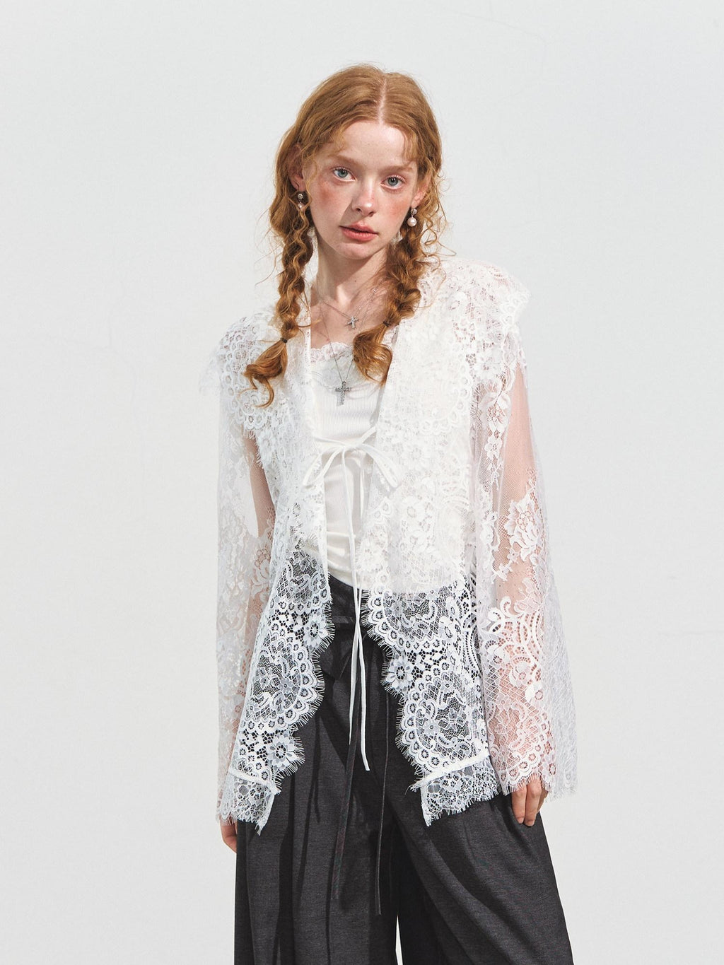 SOMESOWE Shape Retaining Sexy Lace Hooded Loose Polo Collar Women White Button Blouses