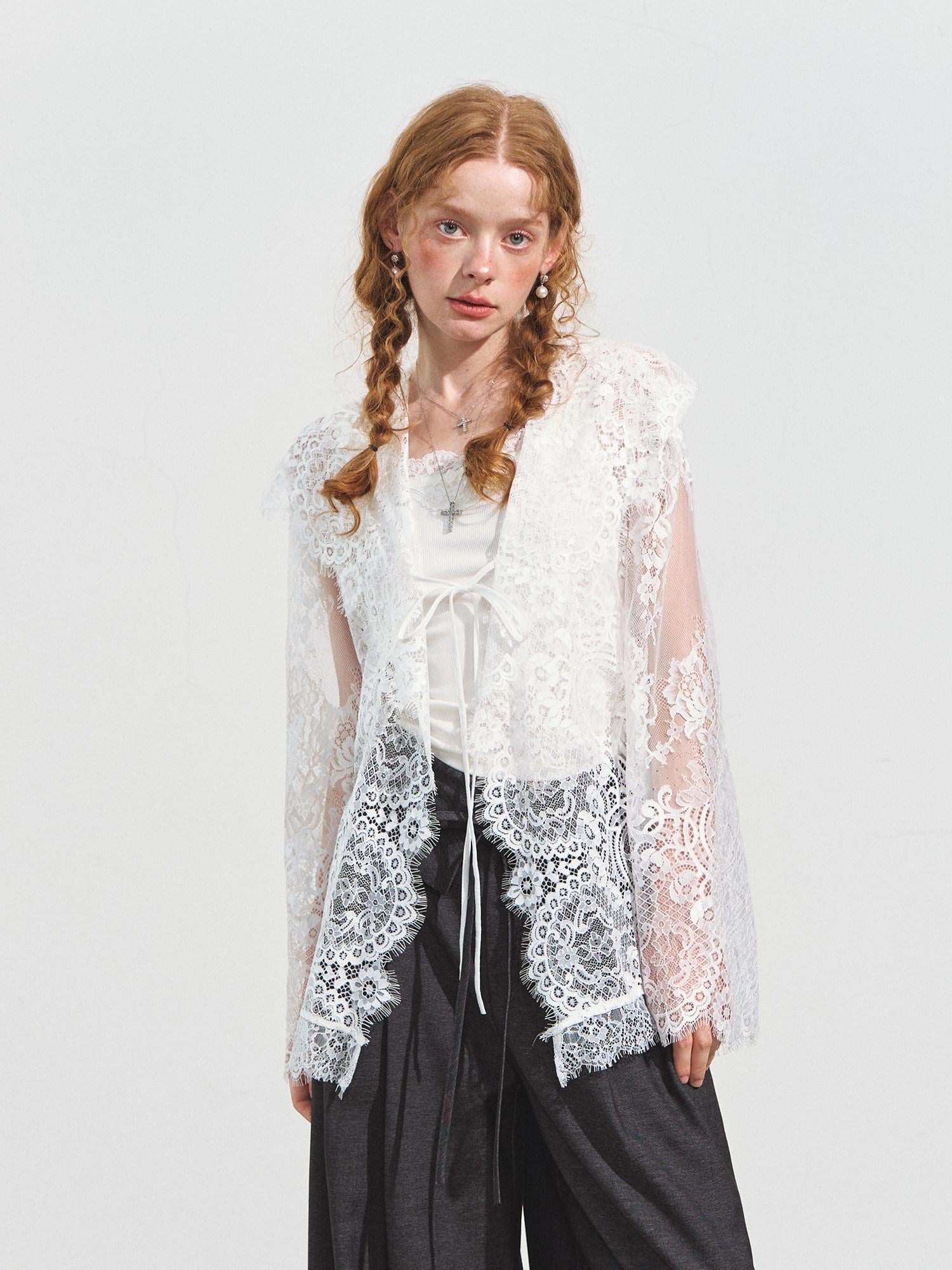 SOMESOWE Shape Retaining Sexy Lace Hooded Loose Polo Collar Women White Button Blouses