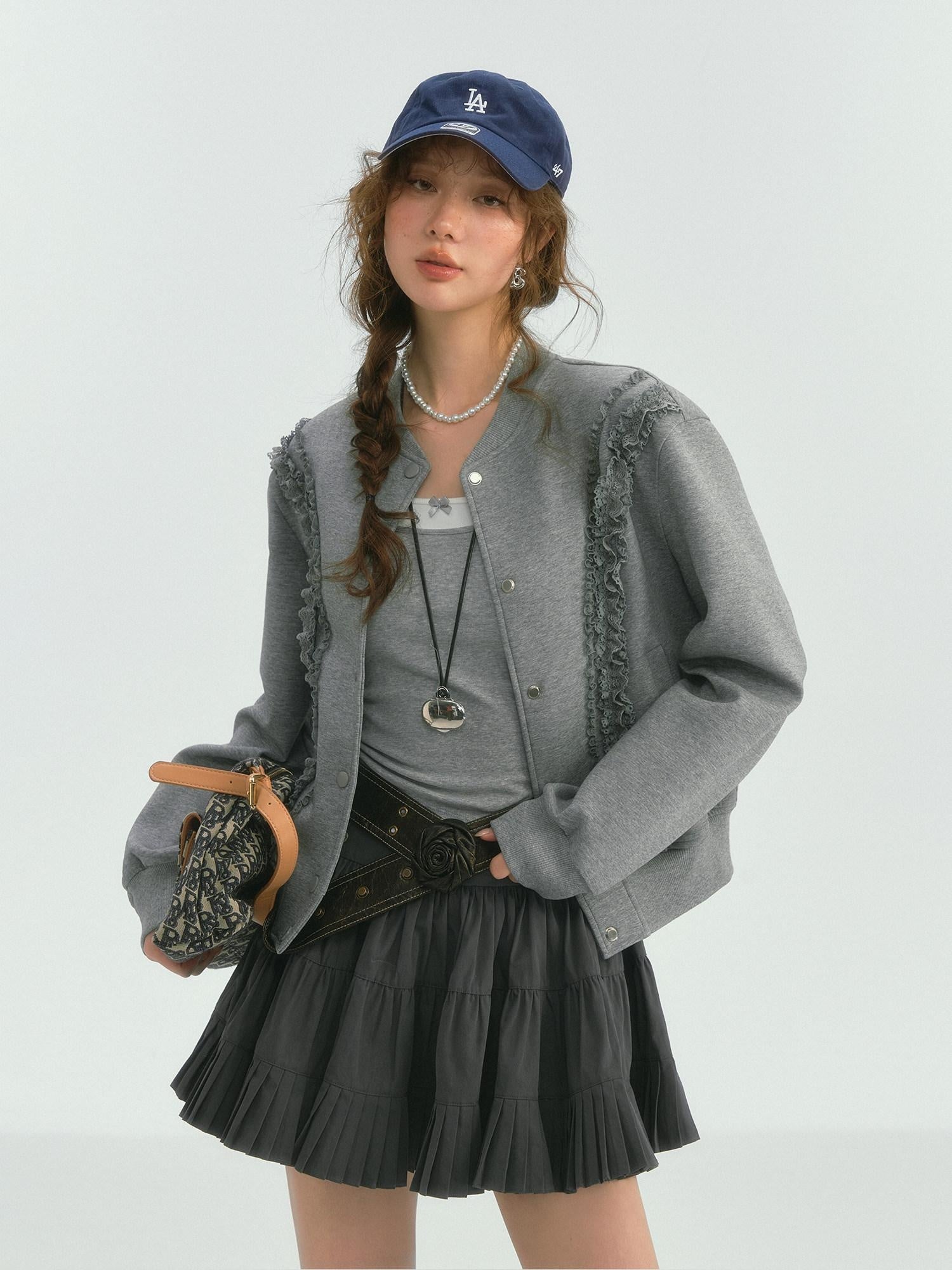 SOMESOWE Lace Trim Loose Fit Commuter Women Button Closure Navy Gray Bomber Jackets