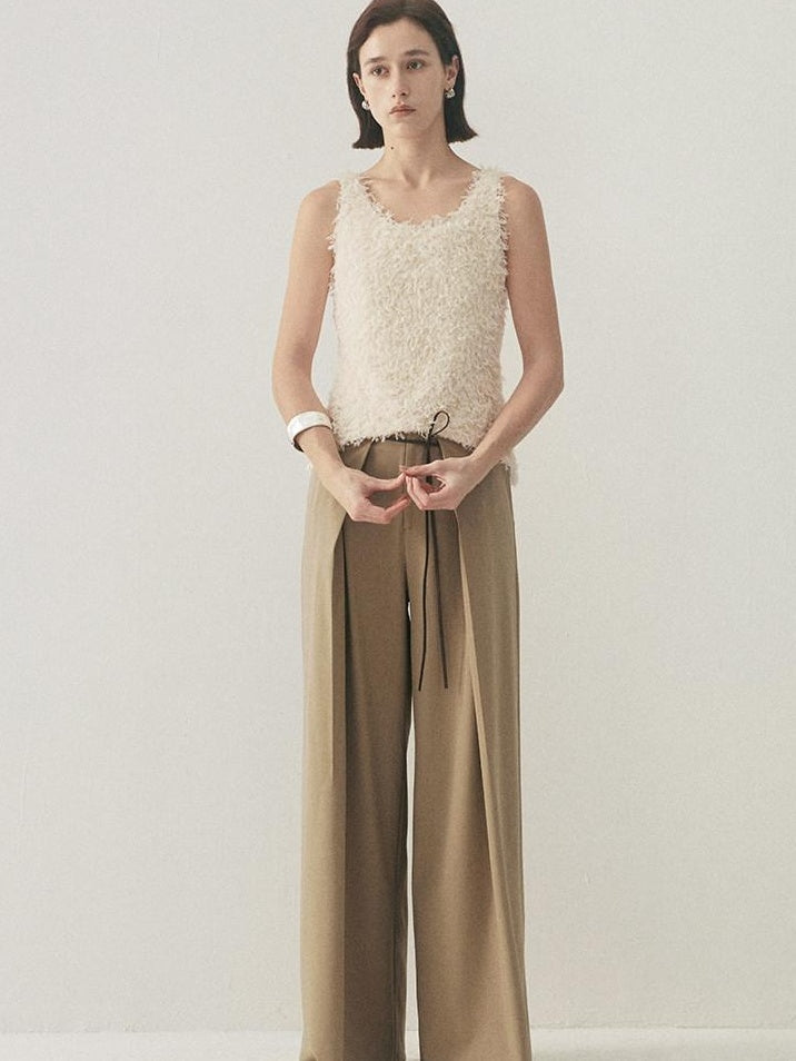 someonesometimes High Waist Stretch Belt Detail Minimalist Polyester Blend Women Wide Leg Pants