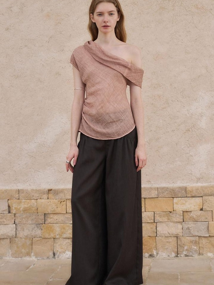 someonesometimes Antibacterial Uv Pure Ramie Pleated Slim One Shoulder Women Brick Pink Tank Tops