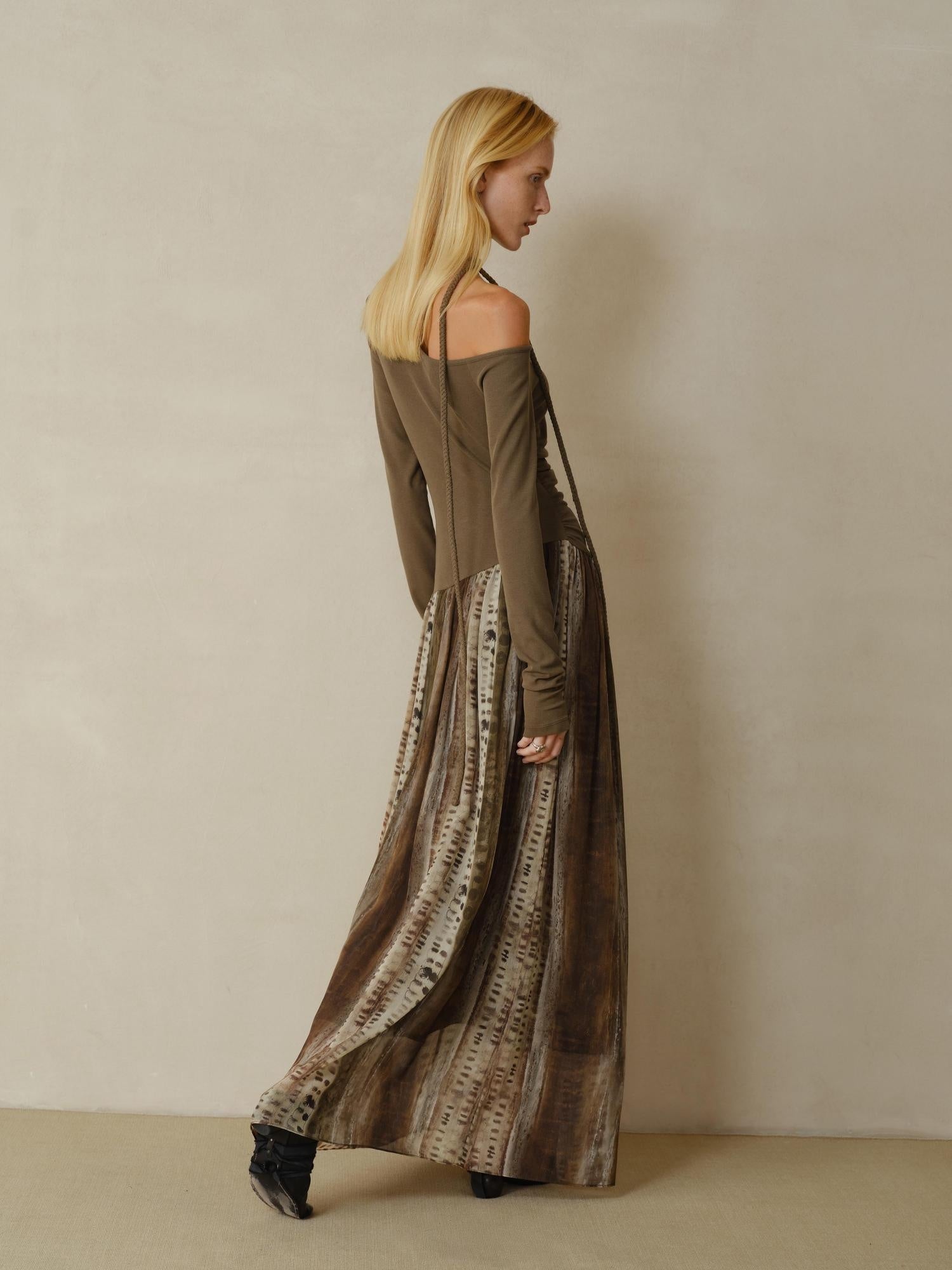 someonesometimes Chiffon Ruched Oil Painting Ombre One Shoulder V-neck A Line Girls Maxi Dresses