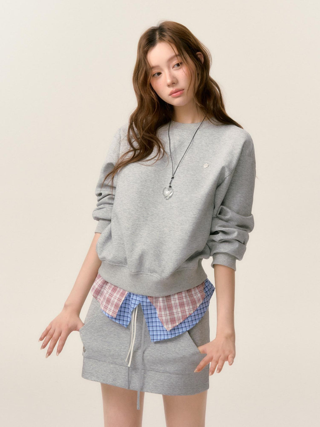 SOMESOWE Cotton Crew Long Sleeve Casual Mini Skirt Women Gray Navy Top & Skirt Sets