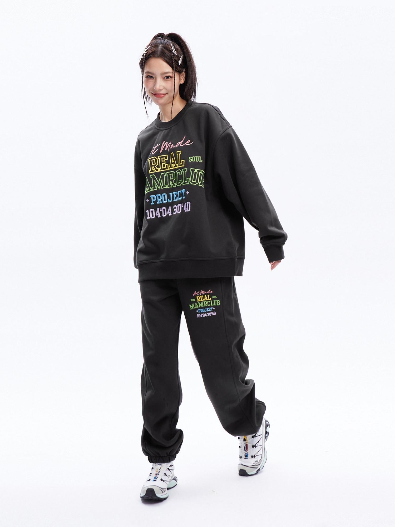 DeleteEx Embroidered Loose Fit Cotton Blend Crew Neck Women Grey Black Top & Pants Sets