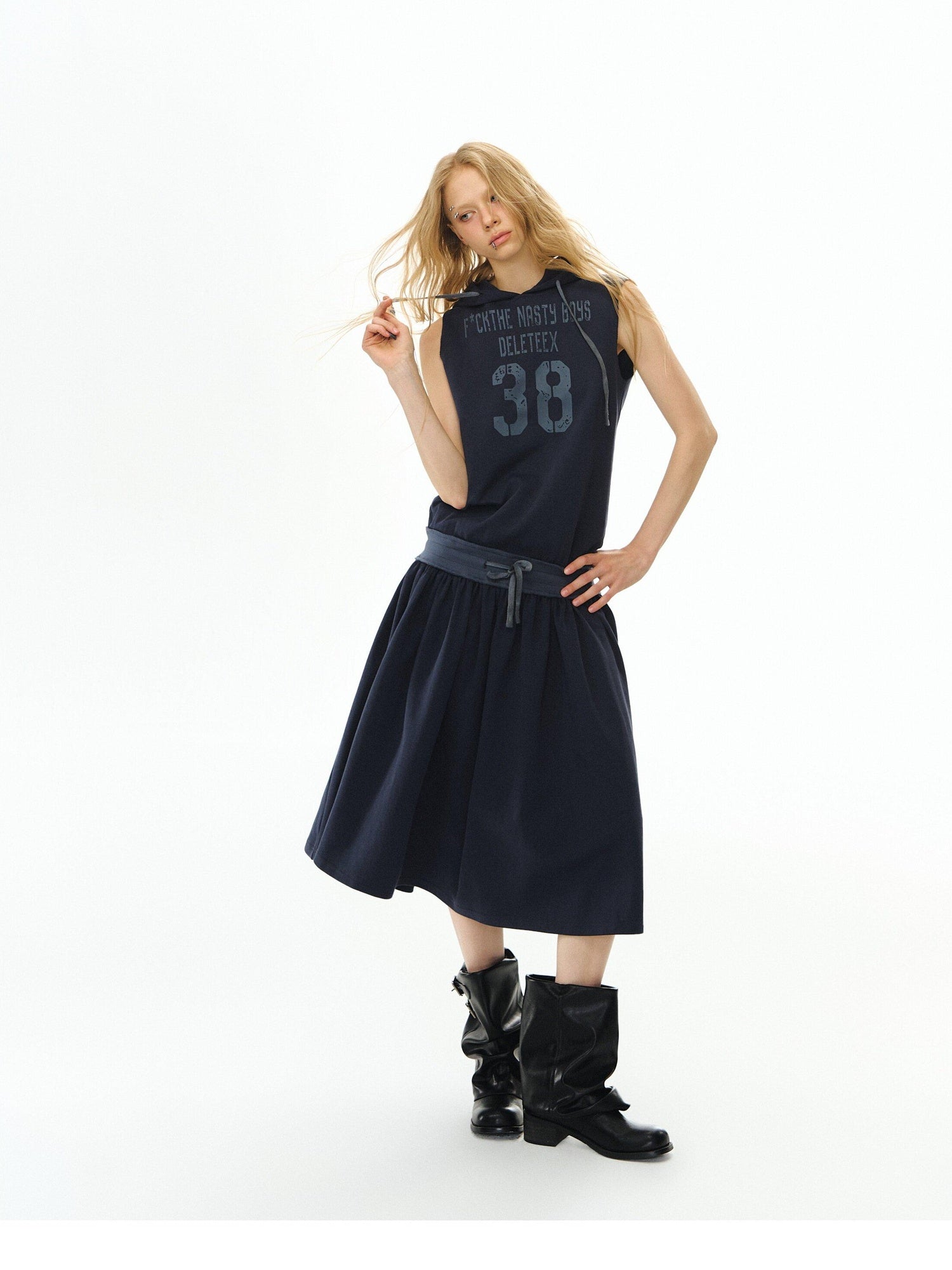DeleteEx Soft Cotton Blend Elastic Waist Insta Sleeveless Printed Vest Navy Midi Dresses
