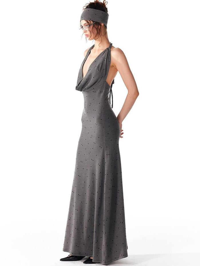 ALINNVSTUDIO Elegant Halter Neck Cinched Waist Modal Sleeveless Solid Black Grey Maxi Dresses