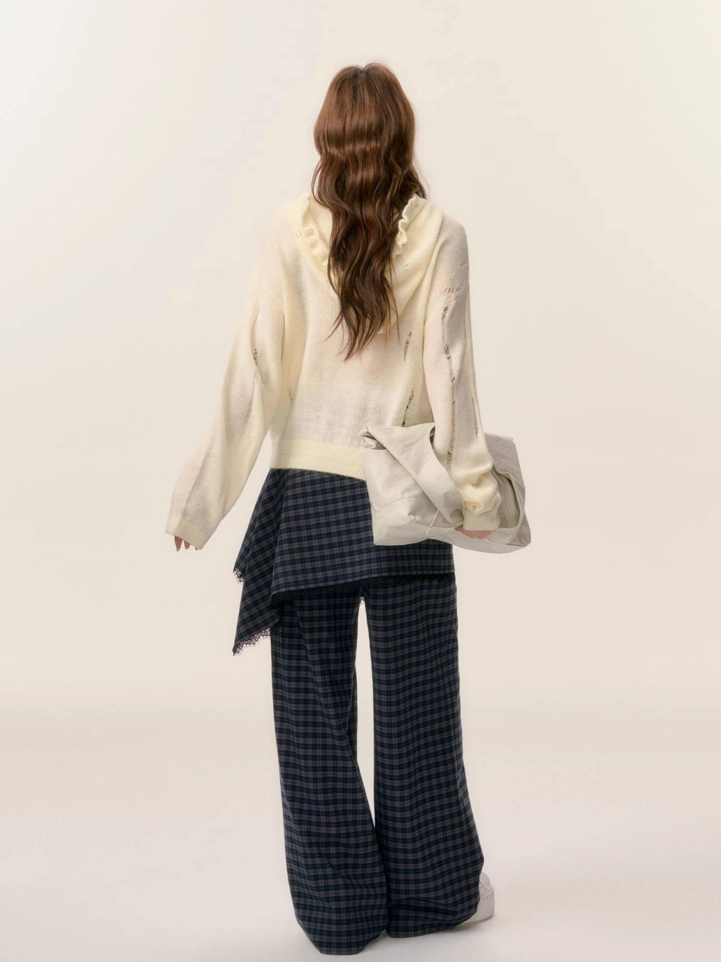 SOMESOWE Oversized Crochet Tie Street Loose Fit Women Grey Long Sleeve T-Shirts