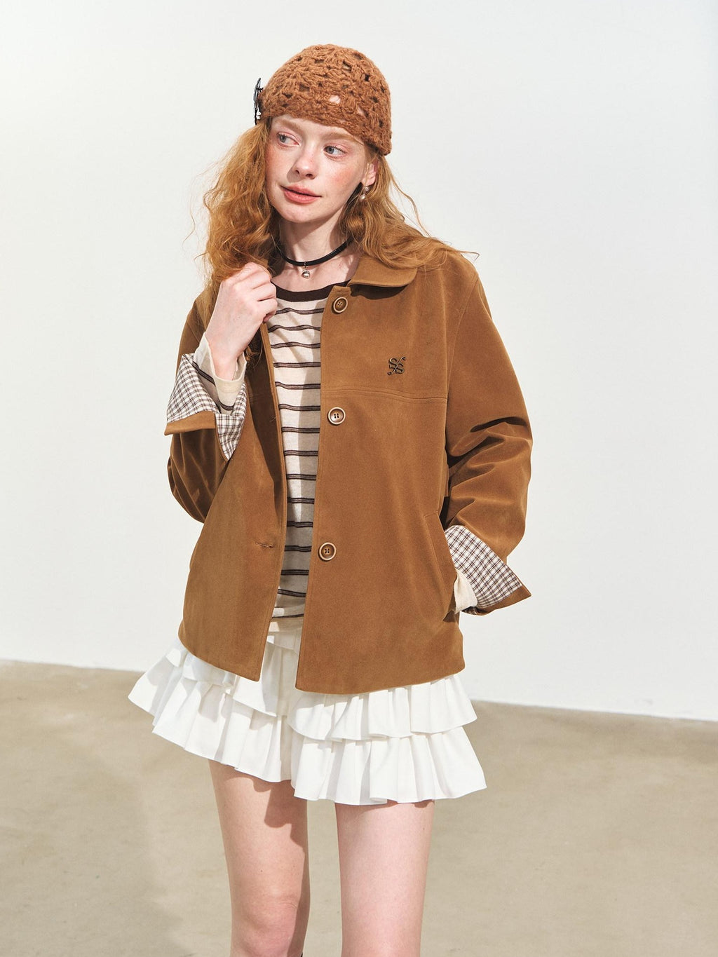 SOMESOWE Pu Leather Casual Loose Doll Collar Flap Pocket Camel Women Leather Jackets