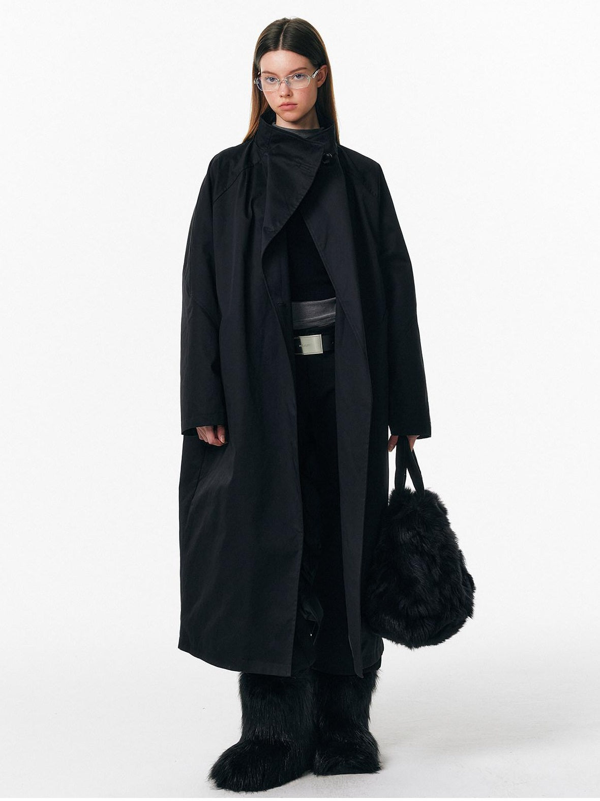 ALINNVSTUDIO 90% White Duck Down Long Stand Collar Single Breasted Women Black Down Jackets