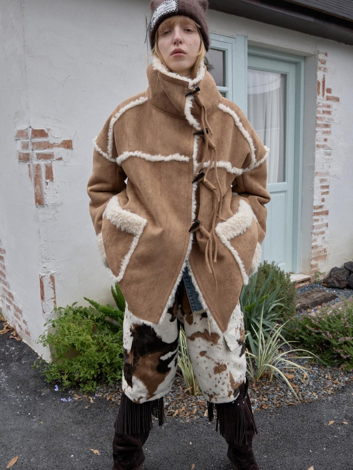 1JINN STUDIO Reversible Vintage Stand Collar Short Button Womens Chic Faux Fur Coats