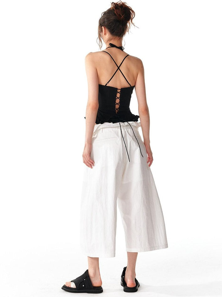 ALINNVSTUDIO Front Zipper Original Slim Fit Crop Strap Top Black Acetate Camisoles