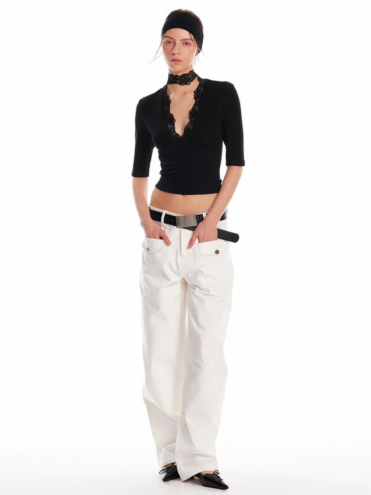 ALINNVSTUDIO Lace Trim V-neck Slim Fit Office Half Sleeve Solid Black White Basic Crop Tops