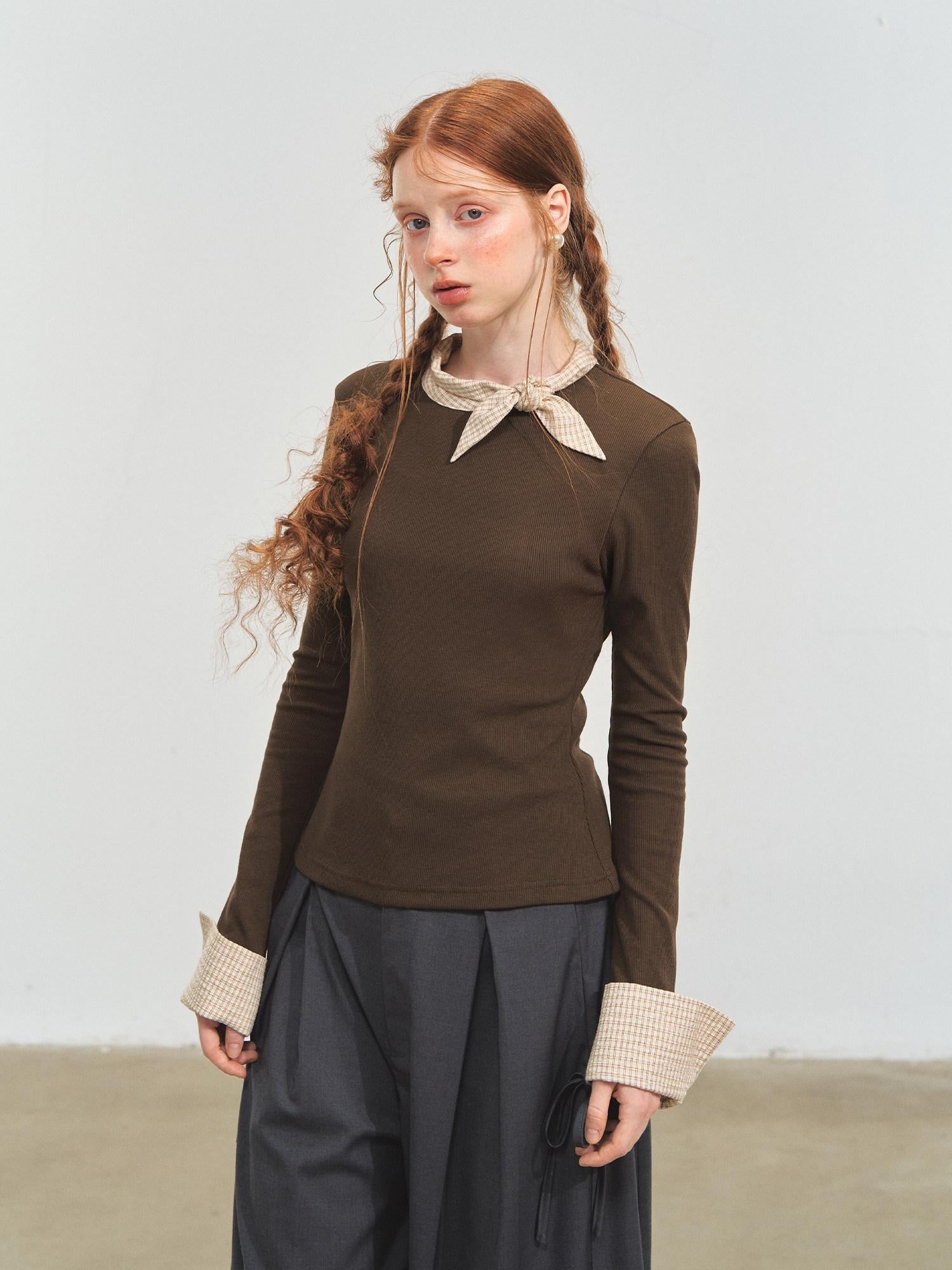 SOMESOWE Viscose Cotton Blend Loose Commuter Crewneck Patchwork Gray Long Sleeve T-Shirts