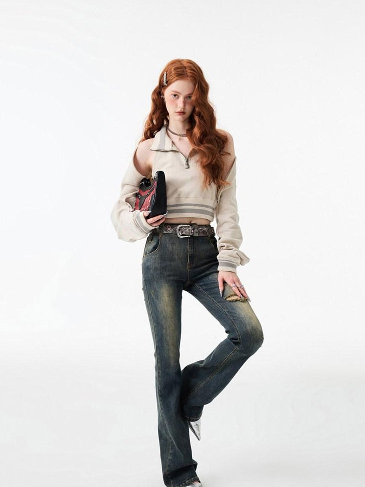 1JINN STUDIO Thick Micro Stretch Vintage Washed Slim Natural Waist Women Denim Flared Jeans