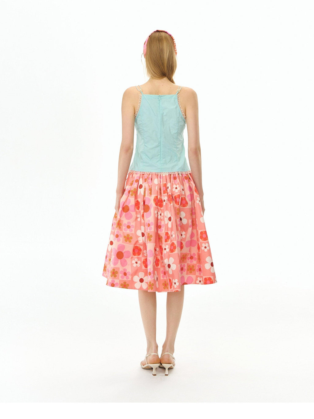 DeleteEx Flattering High Waist A Line Orange Red Floral Polyester Women Midi Skirts
