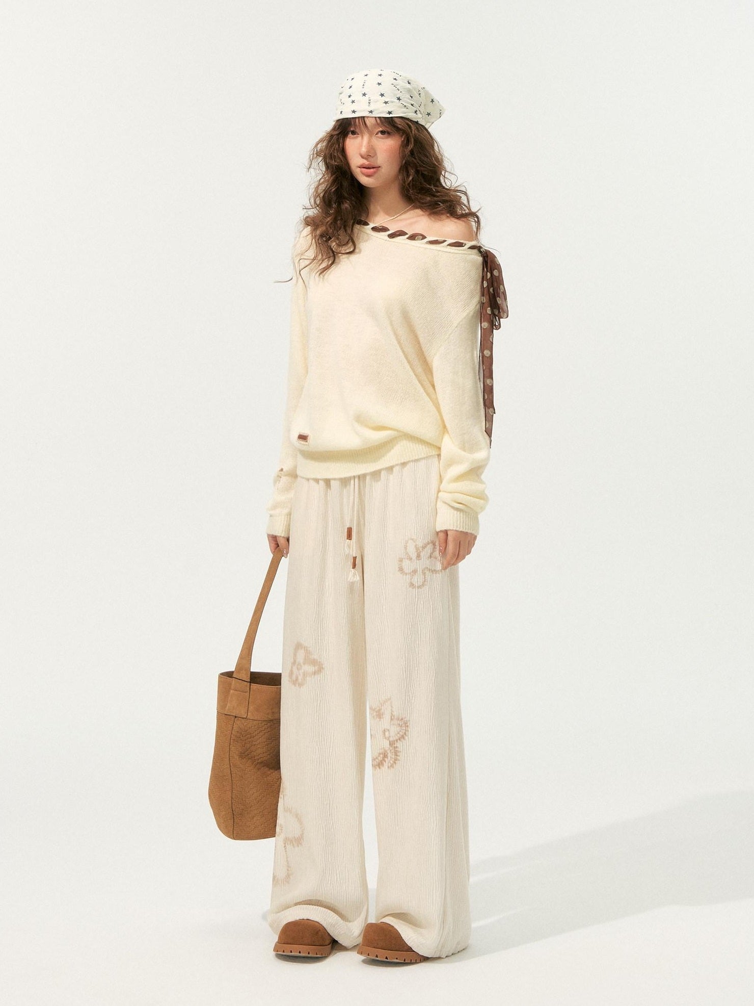 SOMESOWE Pleated Floral Pocket Loose Beige Womens Polyester Wide Leg Pants