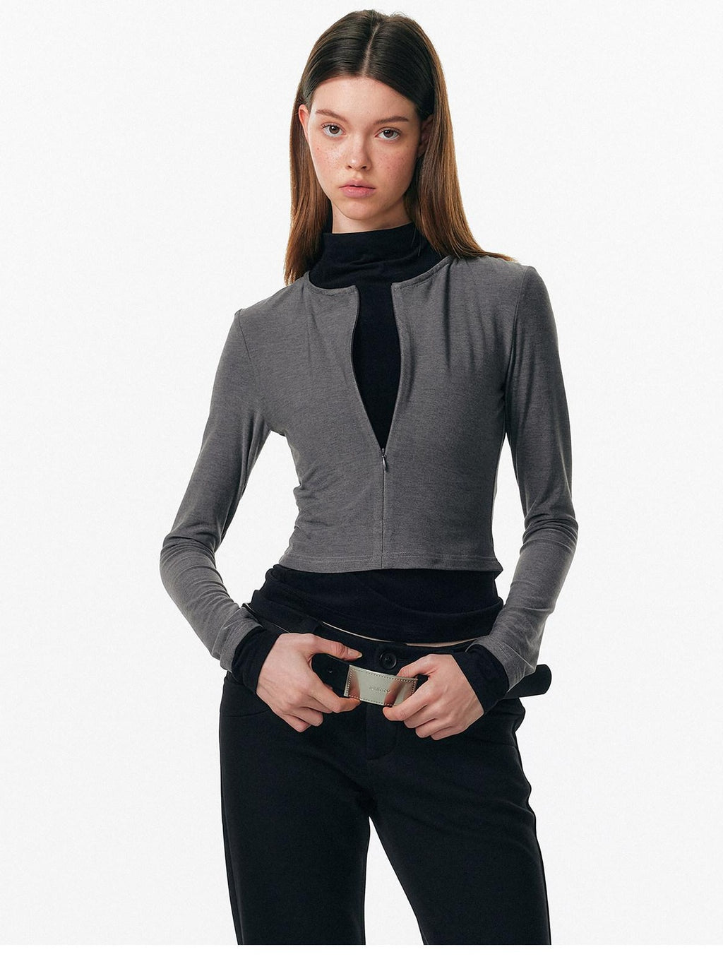 ALINNVSTUDIO Soft Zipper Slim Fit Short Collar Office Ladies Contrast Long Sleeve T-Shirts