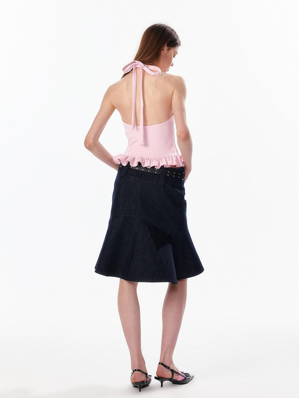 ALINNVSTUDIO Ruffle Trim Cropped Fitted Waist Halter Mock Neck Women Modal Blend Tank Tops